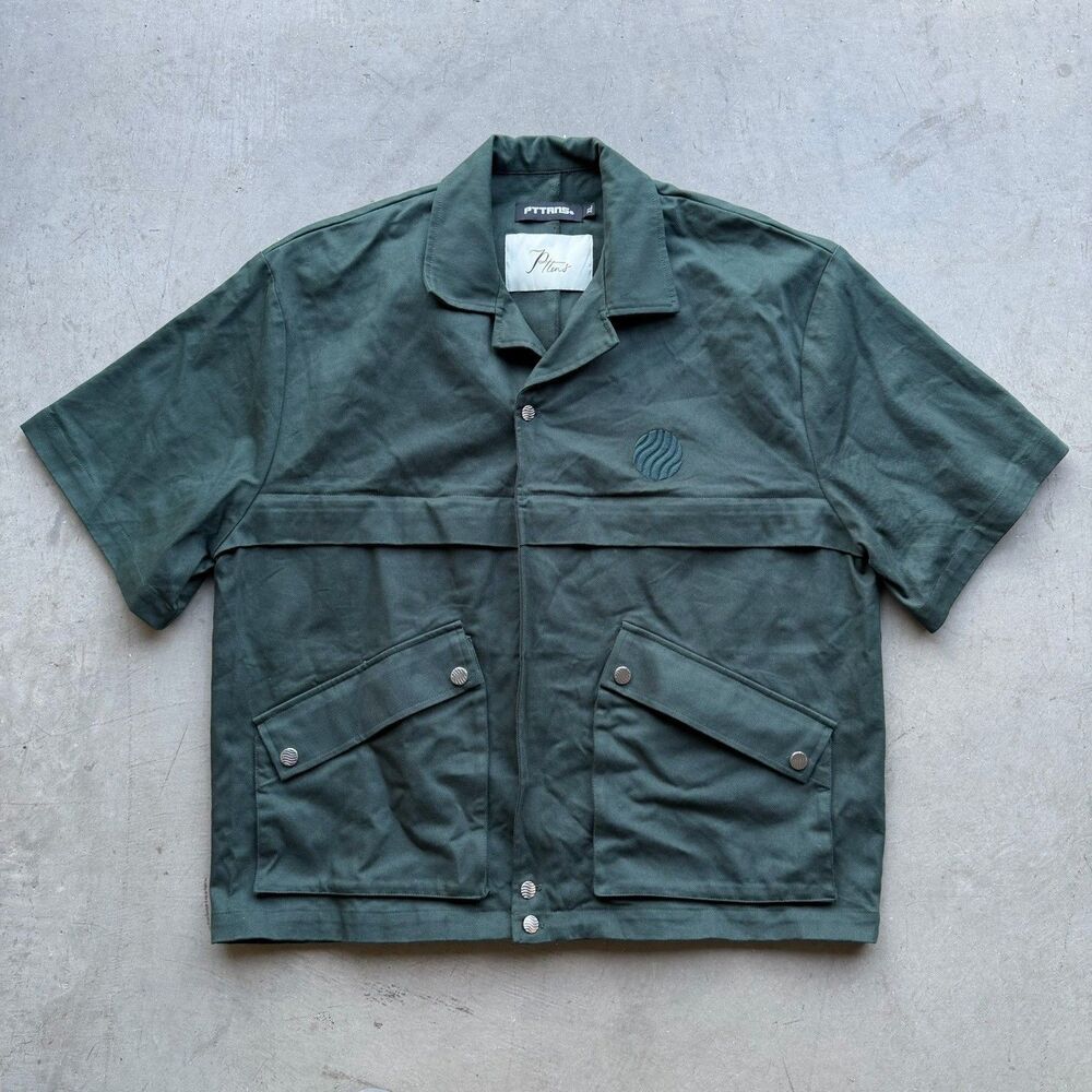 PTTRNS Mens Size XL Camp Collar Button Shirt Green Logo Streetwear London